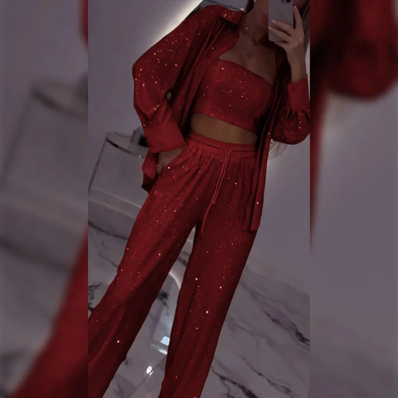 Sequin Blazer and Wide Leg Pants (3-piece Set)