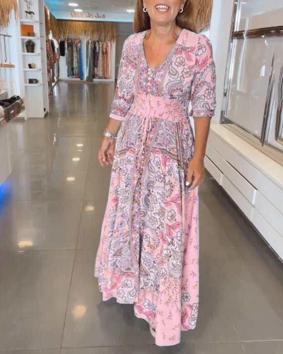 3/4-Sleeve Summer Dress with V-neck