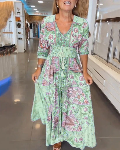 3/4-Sleeve Summer Dress with V-neck