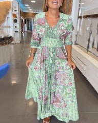 3/4-Sleeve Summer Dress with V-neck