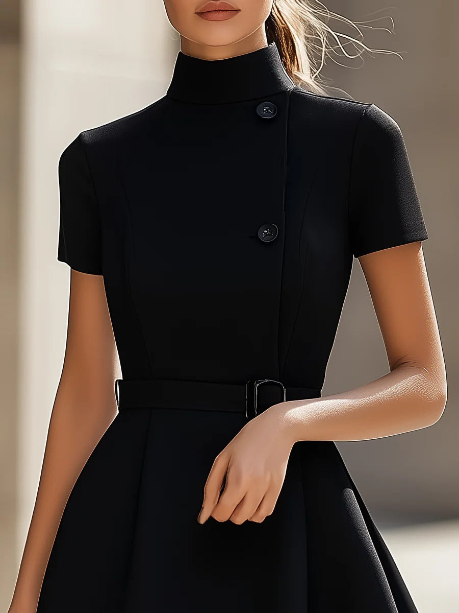 Elegant Black High-Neck Dress with Belted Waist