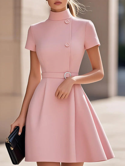 Elegant Black High-Neck Dress with Belted Waist