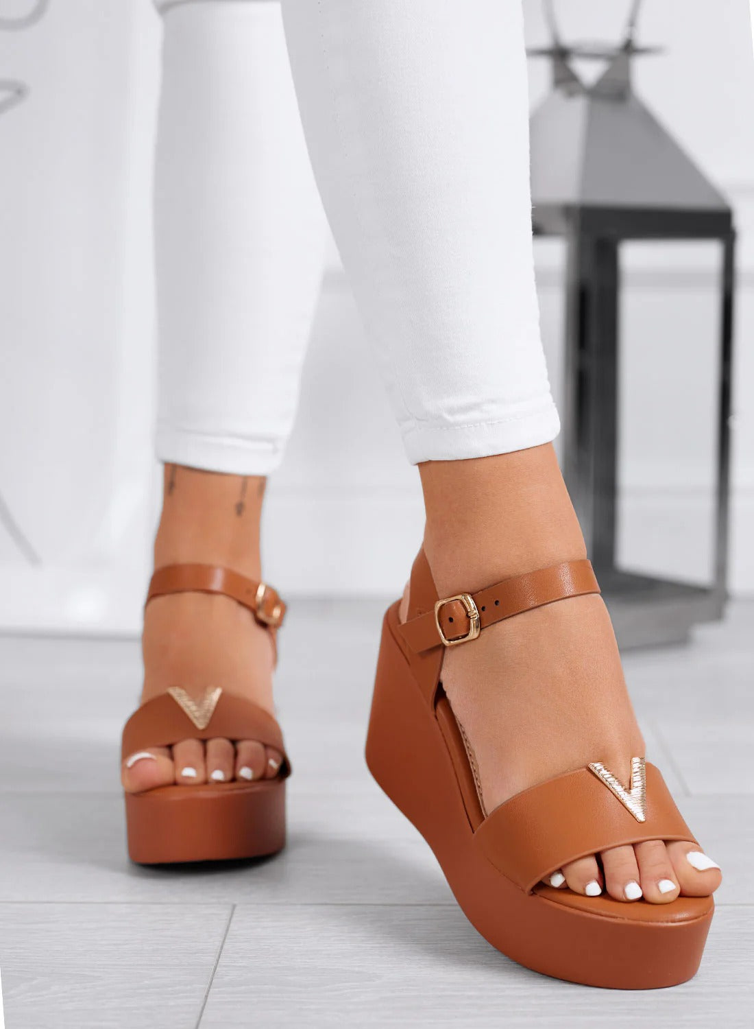 Wedge Sandals with gold V detail