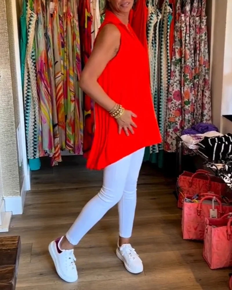 Sleeveless Top with Ruffles and Lapel