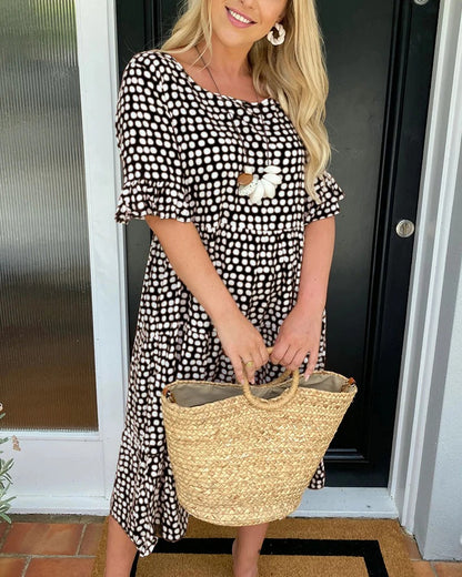 Polka Dot Round Neck Midi Dress