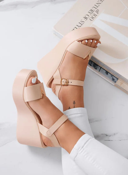 Wedge Sandals with gold V detail