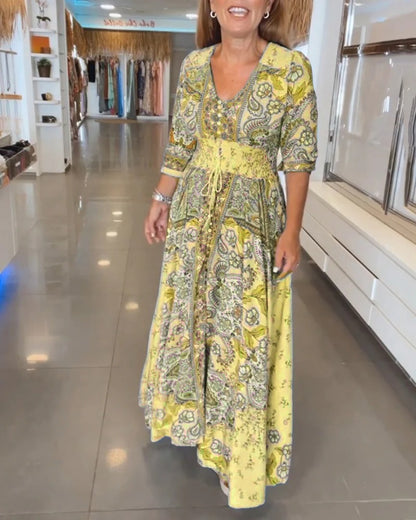 3/4-Sleeve Summer Dress with V-neck