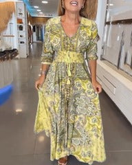 3/4-Sleeve Summer Dress with V-neck