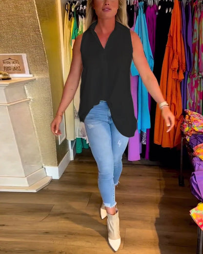 Sleeveless Top with Ruffles and Lapel