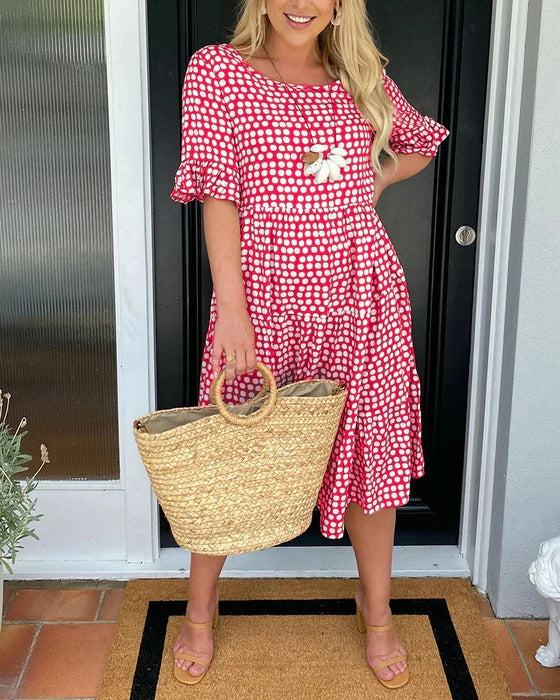 Polka Dot Round Neck Midi Dress