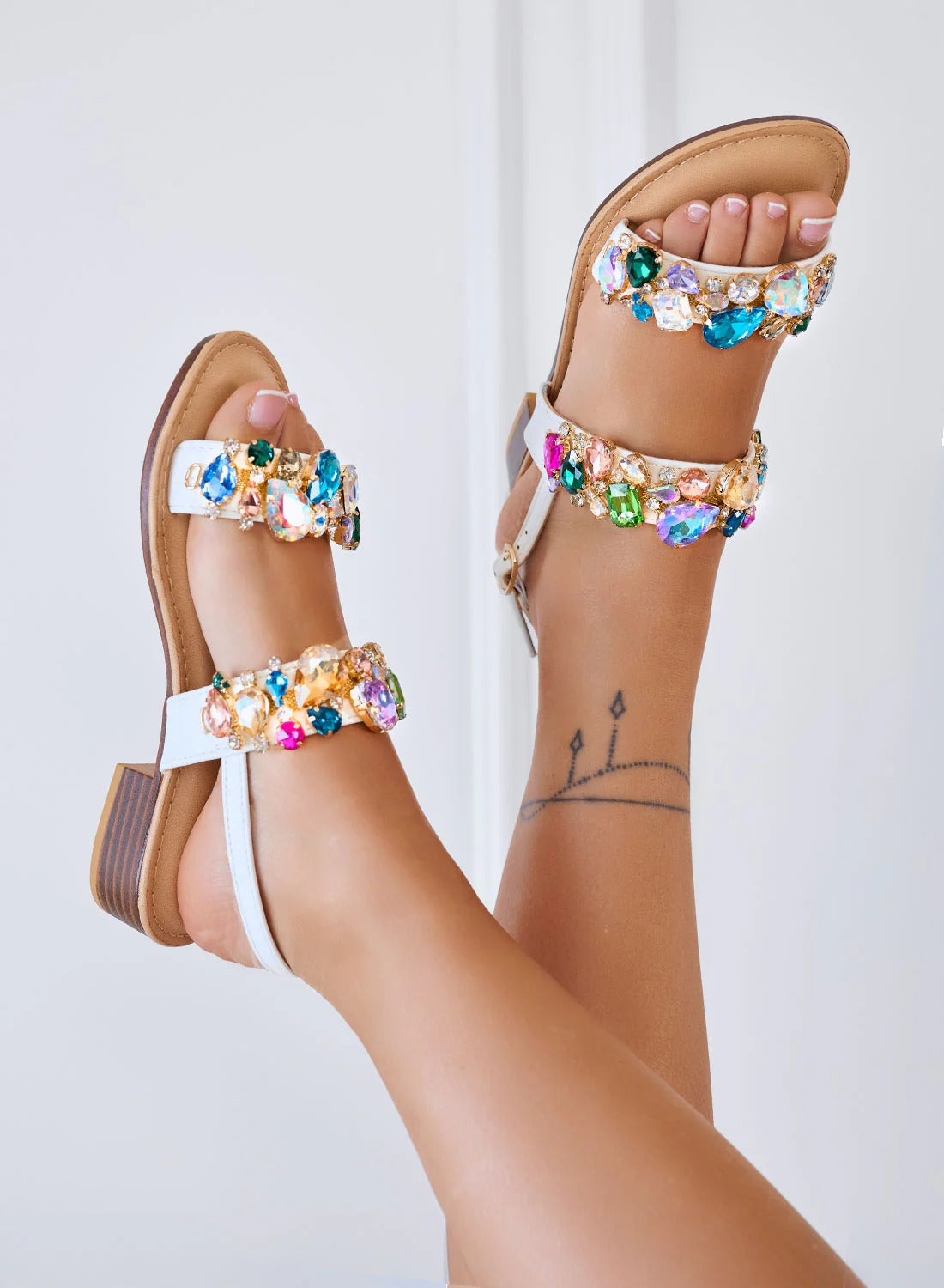 Low Sandals with Jewel Stones and Strap