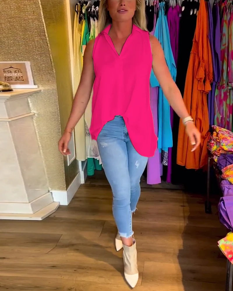 Sleeveless Top with Ruffles and Lapel