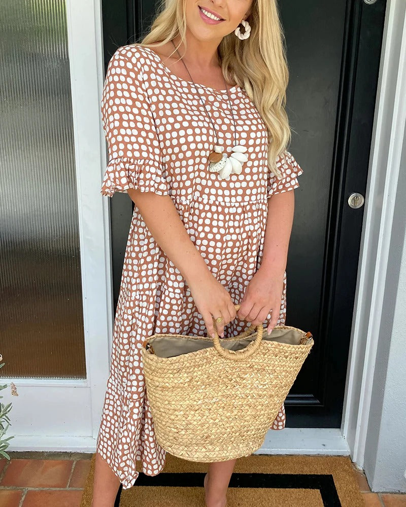 Polka Dot Round Neck Midi Dress