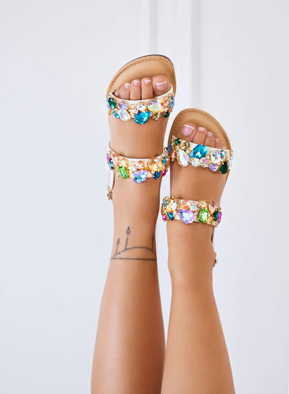 Low Sandals with Jewel Stones and Strap