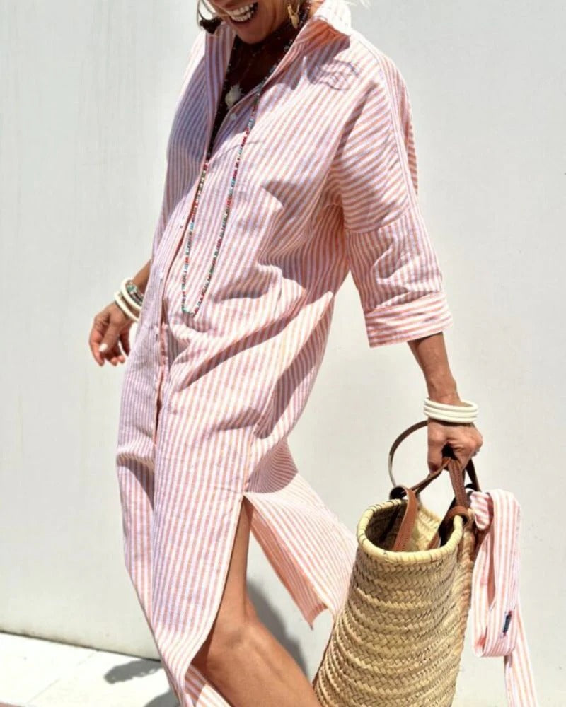 Classic Striped Lace-up Shirt Dress