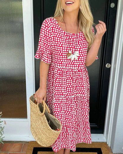 Polka Dot Round Neck Midi Dress