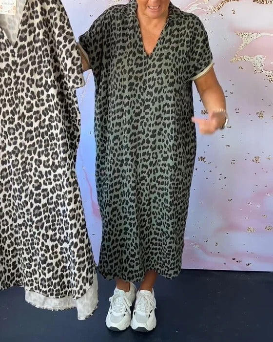 Leopard Print V-Neck Short Sleeve Dress