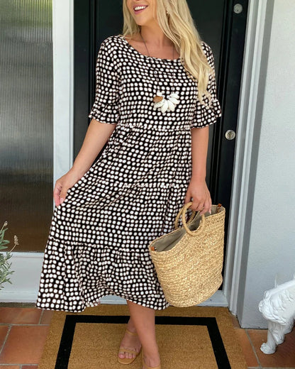 Polka Dot Round Neck Midi Dress