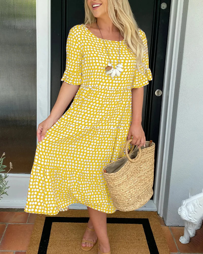 Polka Dot Round Neck Midi Dress