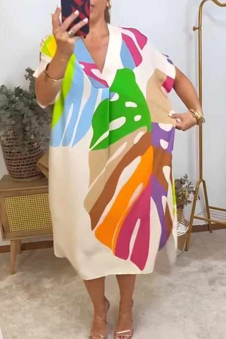 Casual Dress with Colorful Leaf Print
