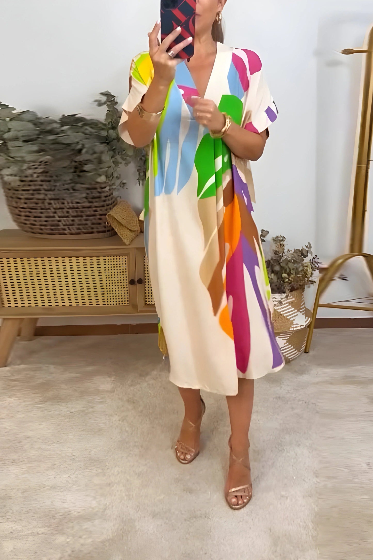 Casual Dress with Colorful Leaf Print