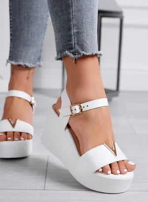 Wedge Sandals with gold V detail