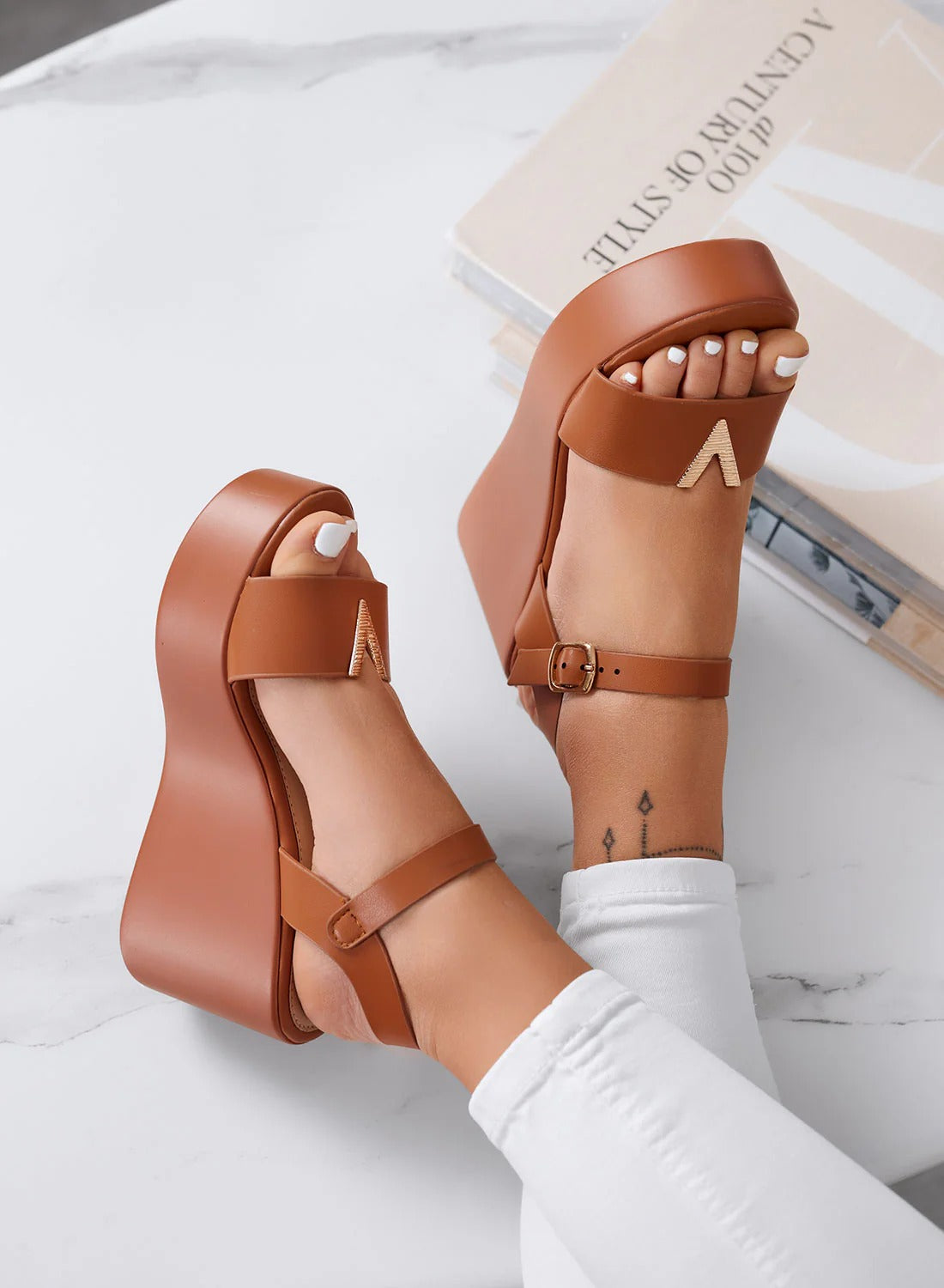 Wedge Sandals with gold V detail