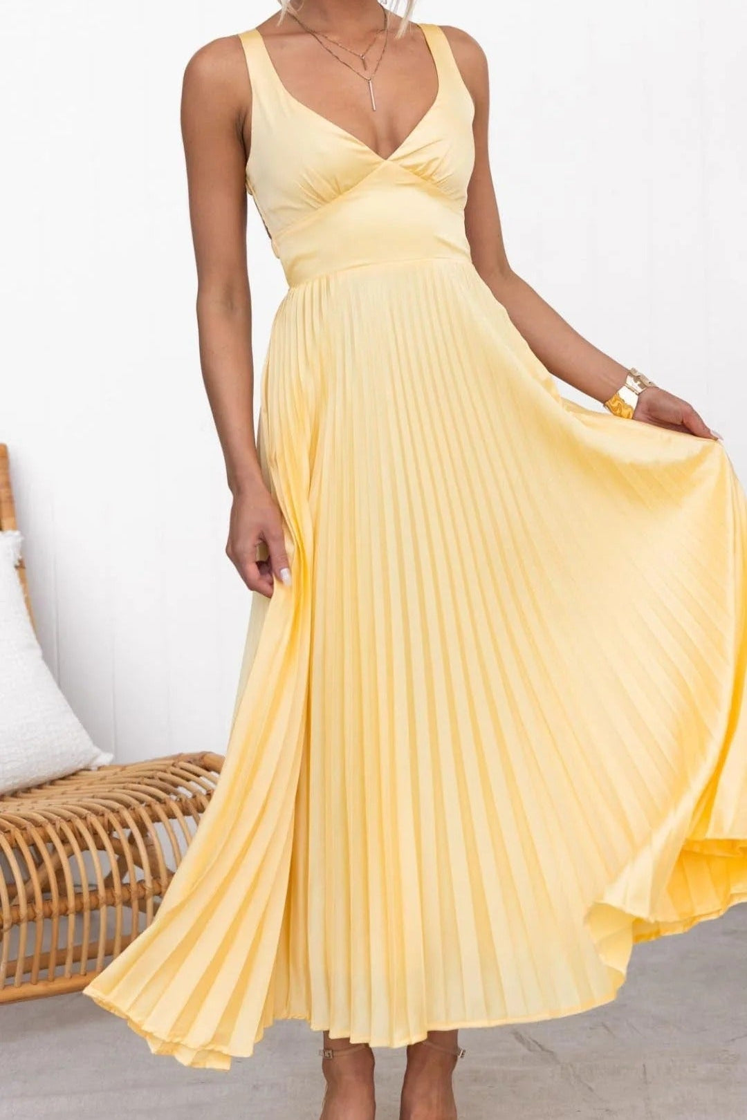 Yellow Pleated V-Neck Maxi Dress