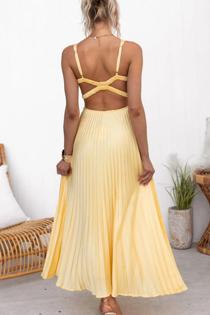 Yellow Pleated V-Neck Maxi Dress