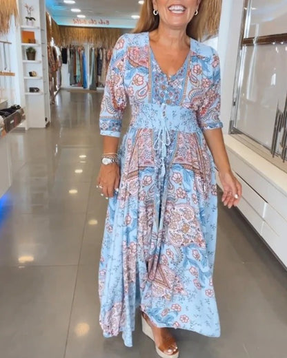 3/4-Sleeve Summer Dress with V-neck