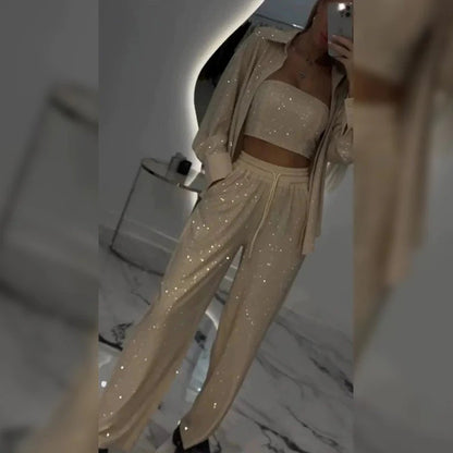Sequin Blazer and Wide Leg Pants (3-piece Set)
