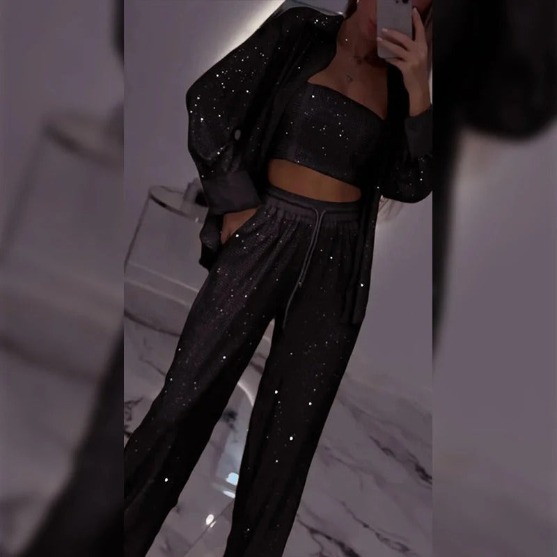 Sequin Blazer and Wide Leg Pants (3-piece Set)
