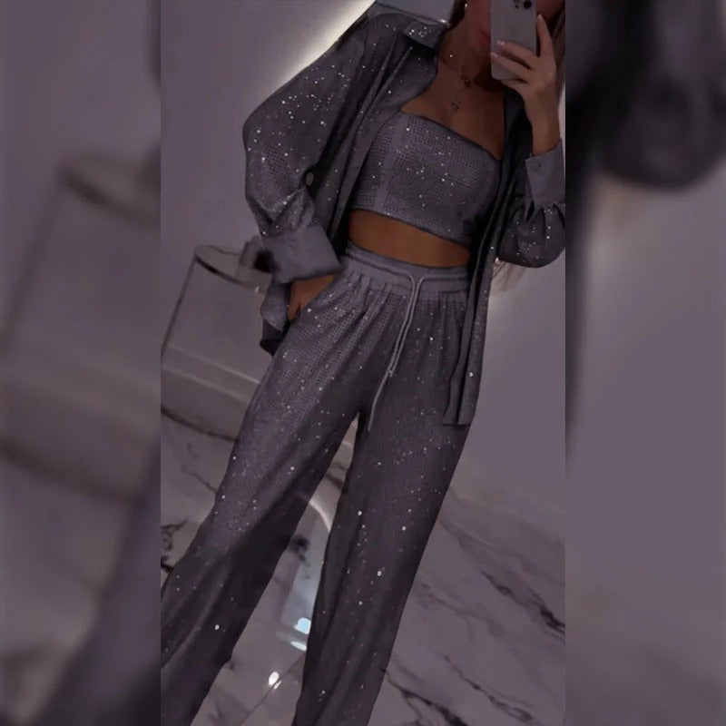 Sequin Blazer and Wide Leg Pants (3-piece Set)