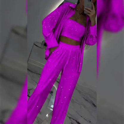 Sequin Blazer and Wide Leg Pants (3-piece Set)